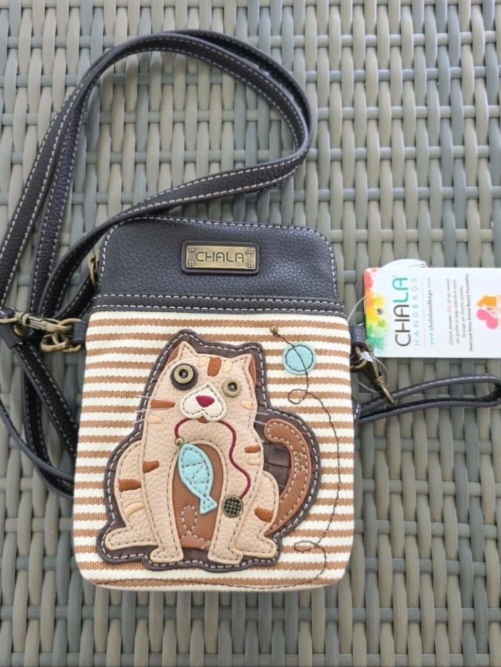 New Chala Handbag Purse Crossbody Convertible Cat Vegan Brown Stripe